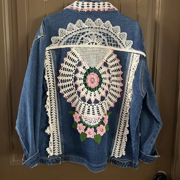 Reworked Upcycled Women's Denim Jacket Boho Bohemian Casual Size XXL Plus Size - Picture 9 of 10